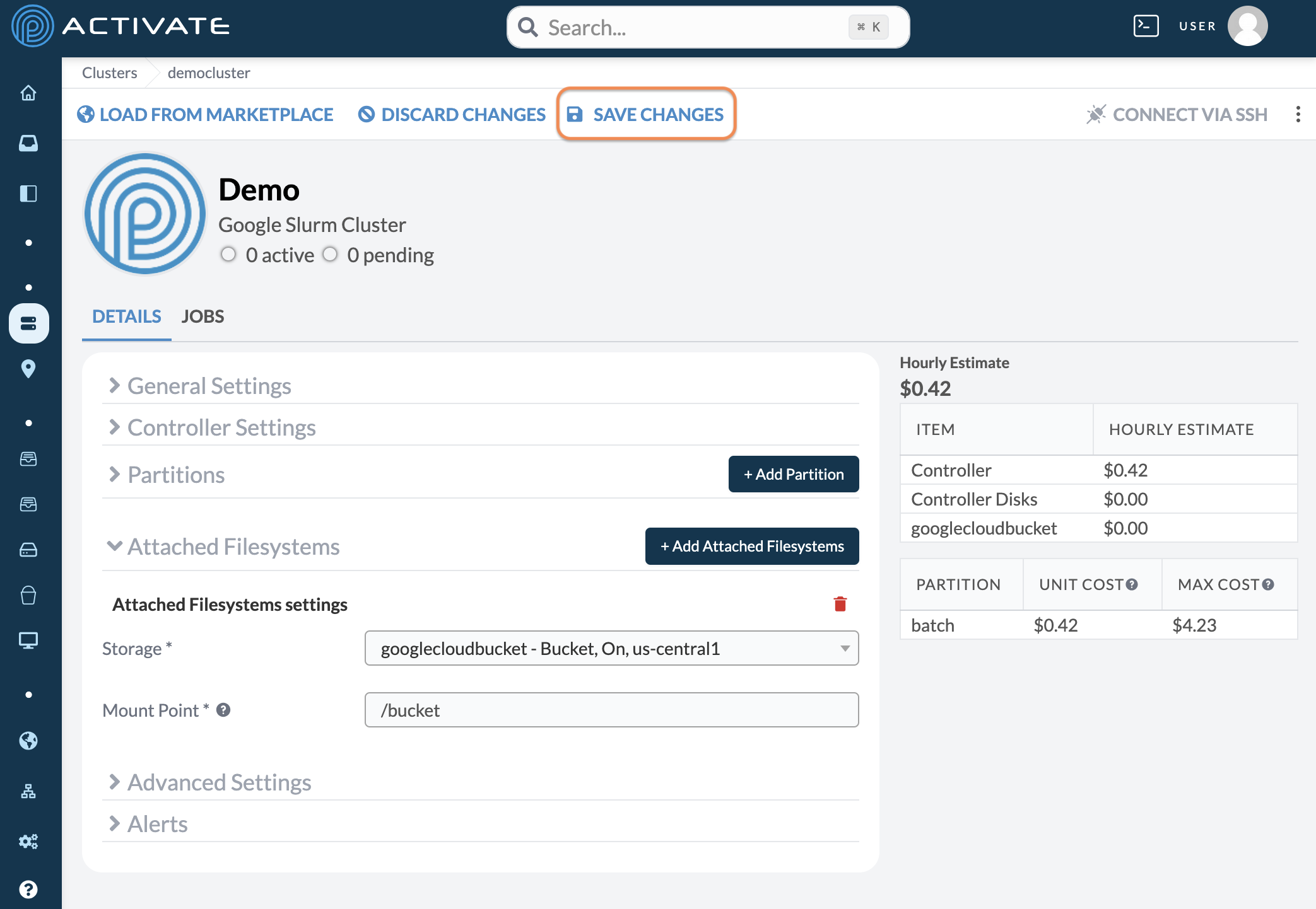Screenshot of the user clicking Save Changes on a cluster.