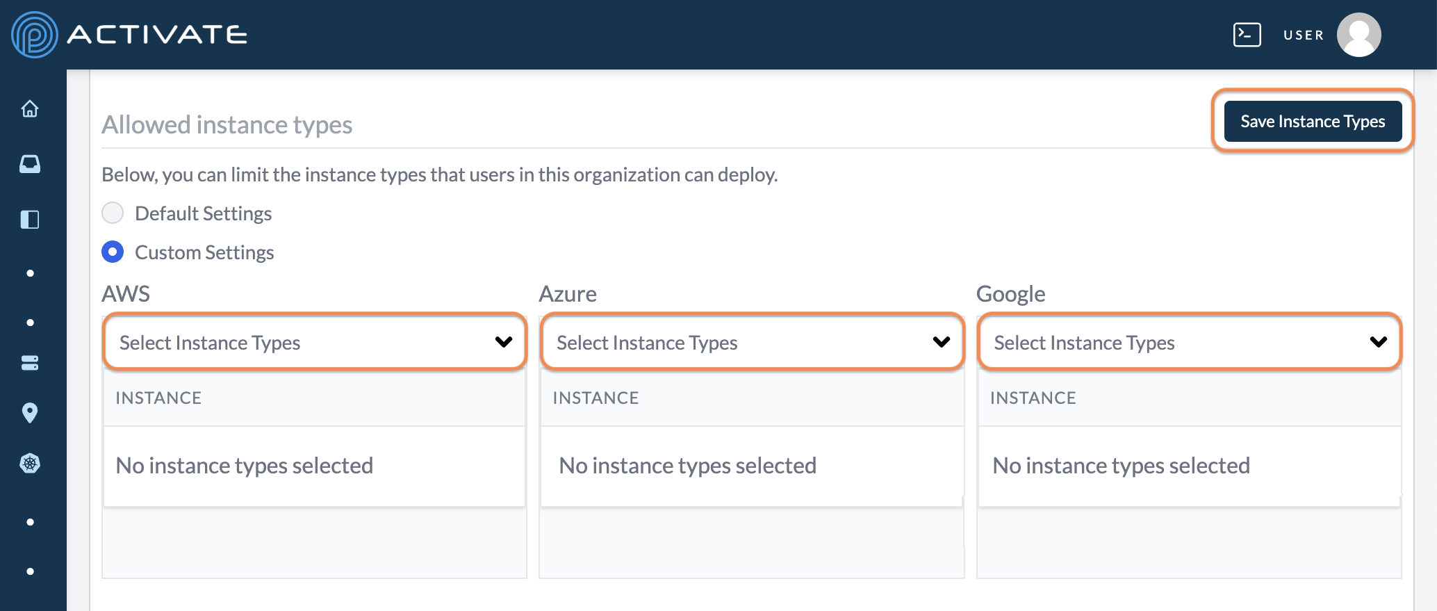 Screenshot of the circled CSP arrows and Save Instance Types button.