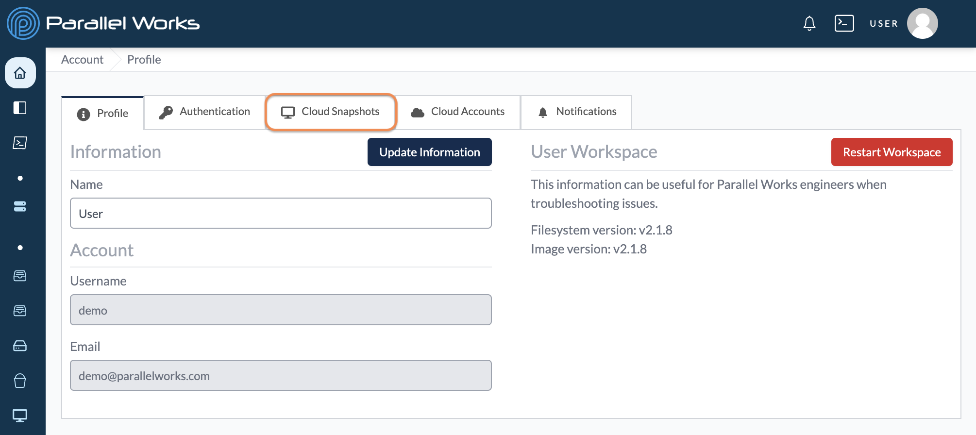 Screenshot of user selecting Cloud Snapshots in their Account settings.