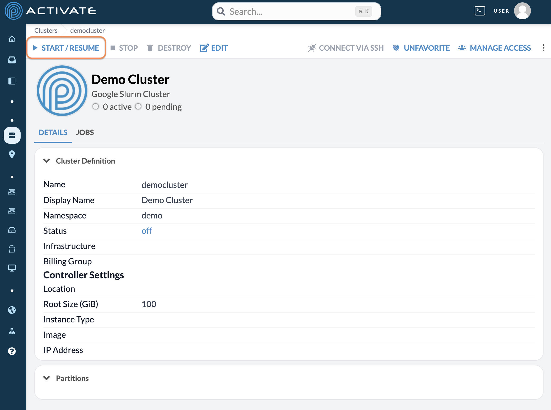 Screenshot of the user clicking a cluster&#39;s Start/Resume button.