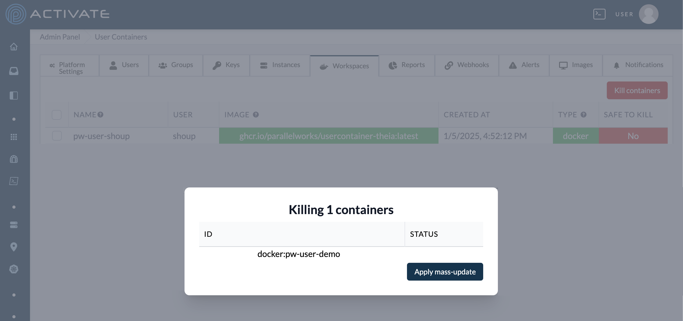 Screenshot of the Kill Containers dialog box.