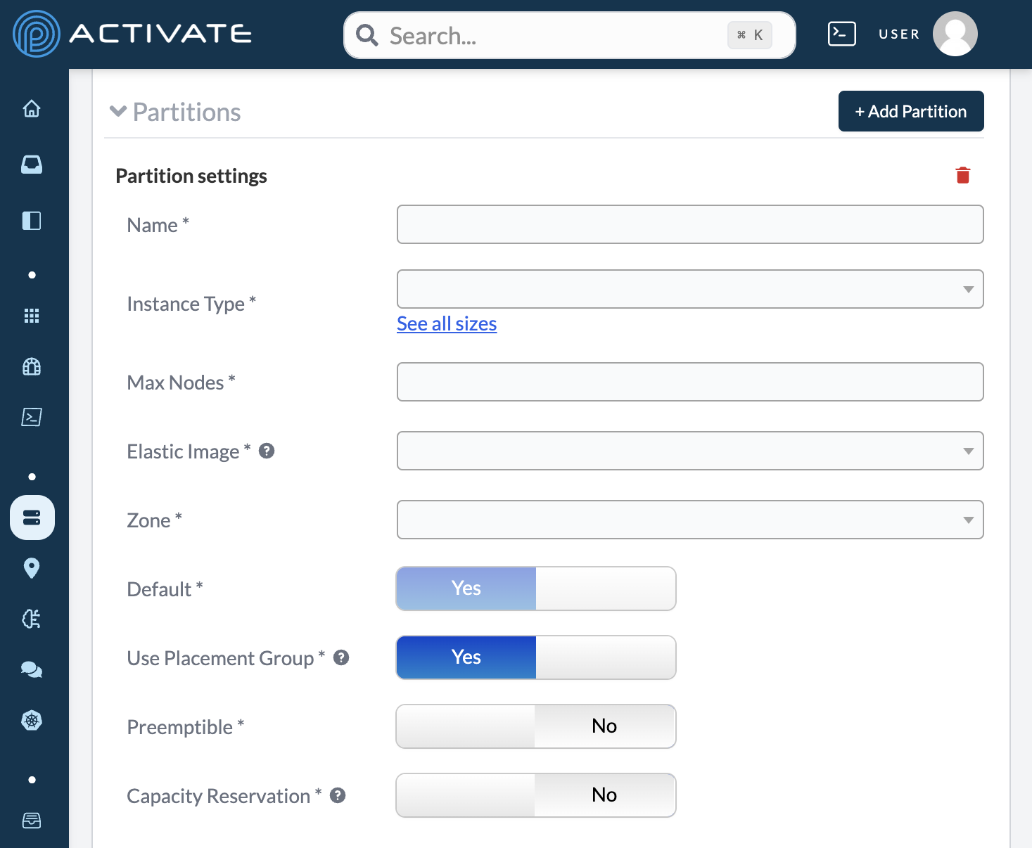 Screenshot of a cluster&#39;s partition settings.