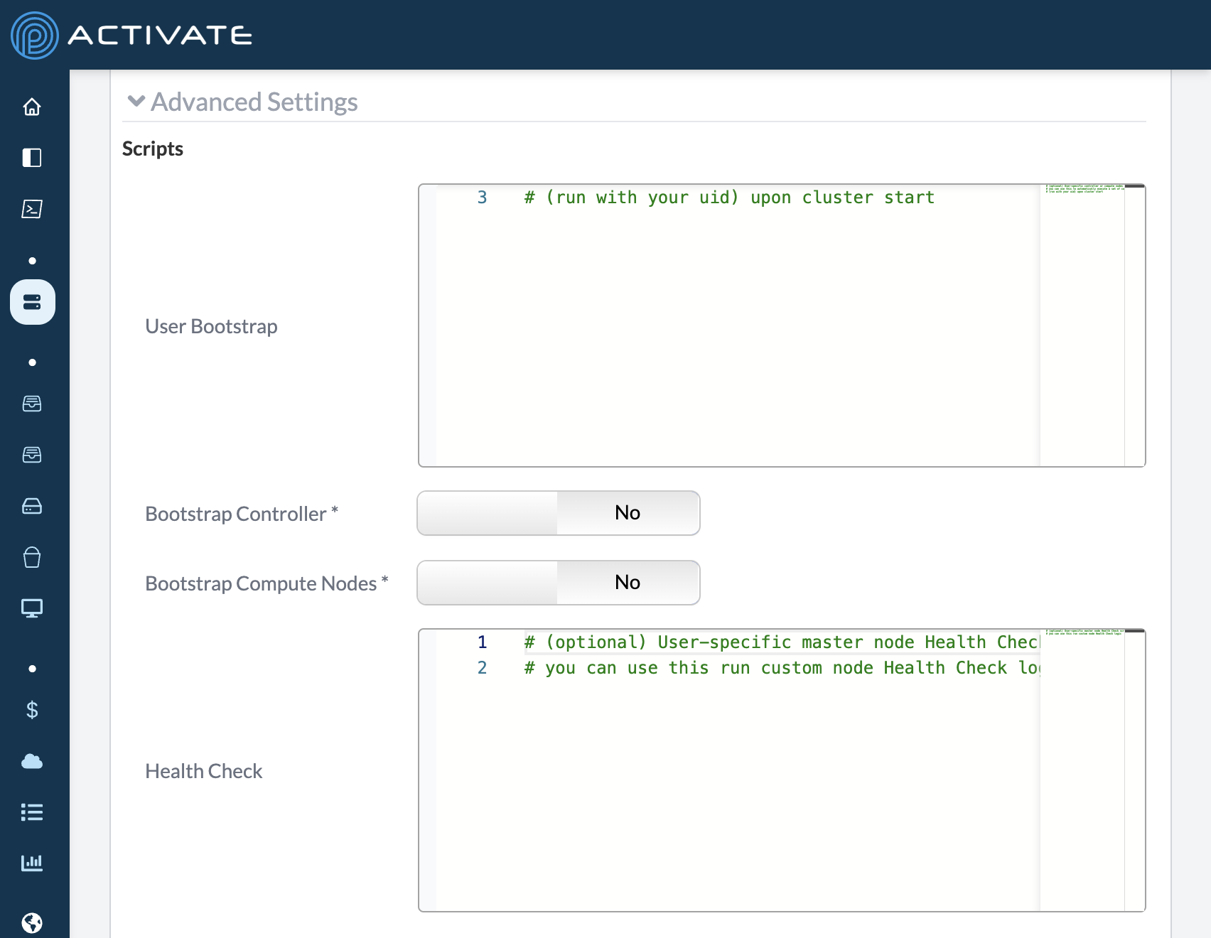 Screenshot of a cluster&#39;s script settings.