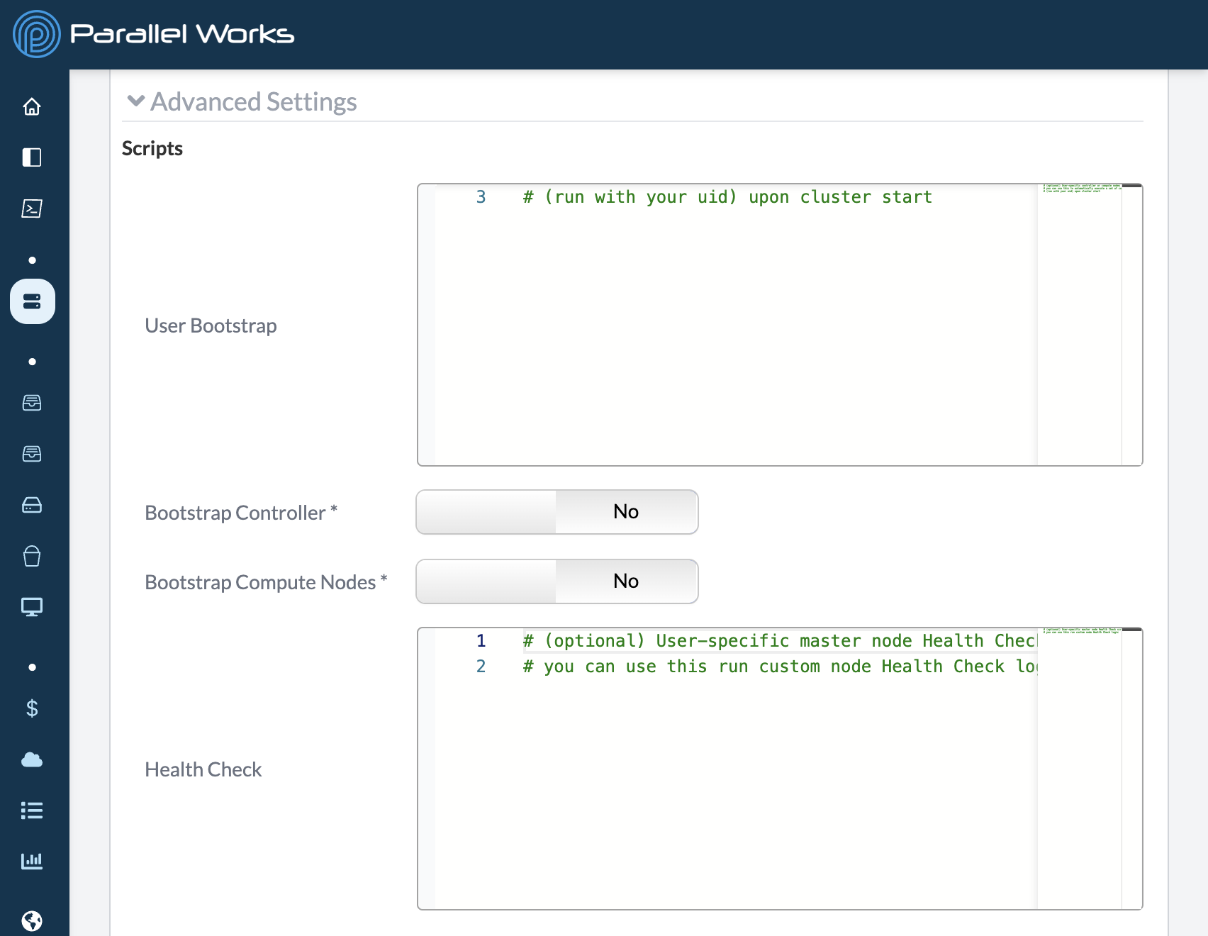 Screenshot of a cluster&#39;s script settings.