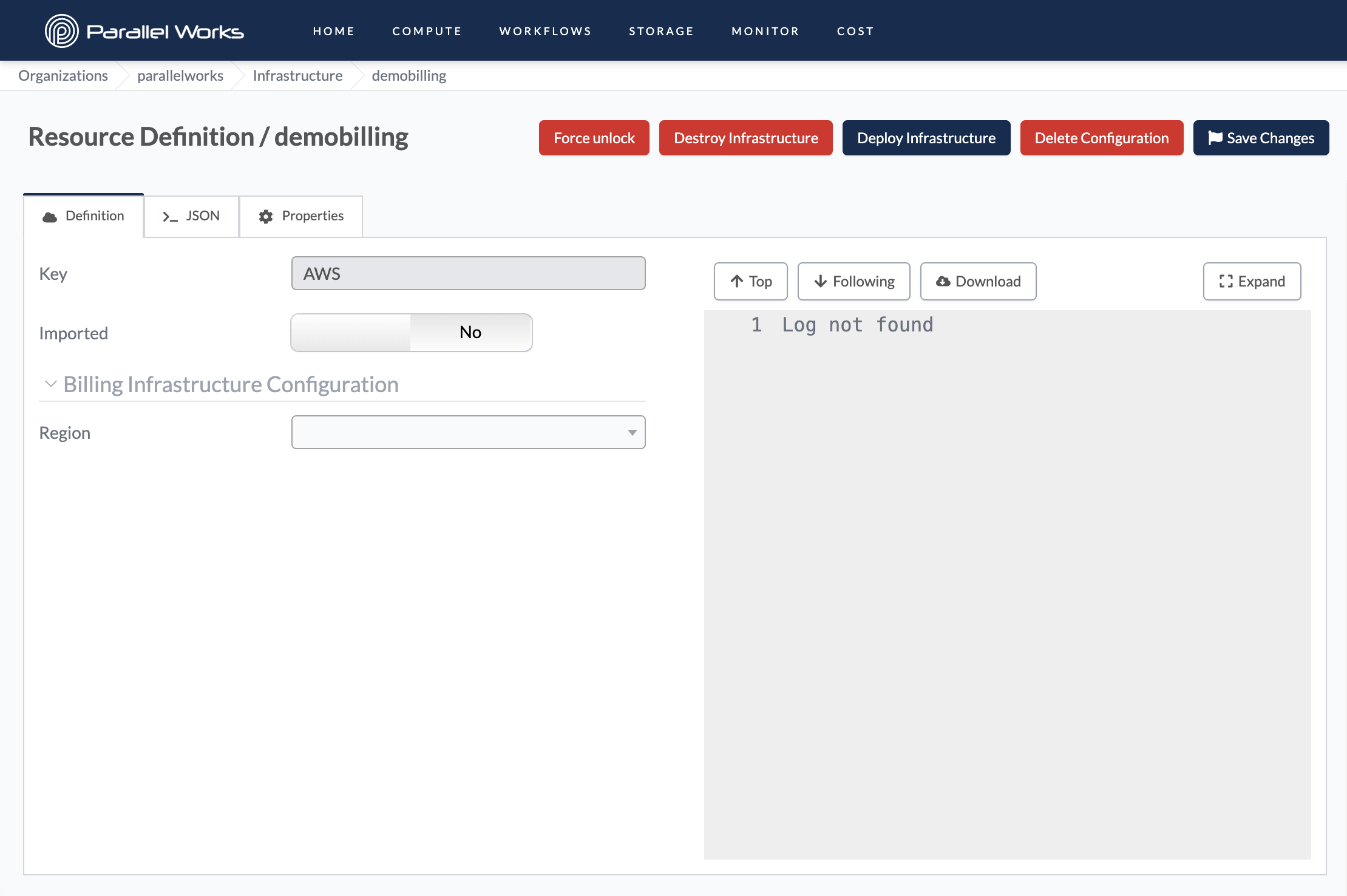 Screenshot of a blank AWS Billing Infrastructure configuration form.
