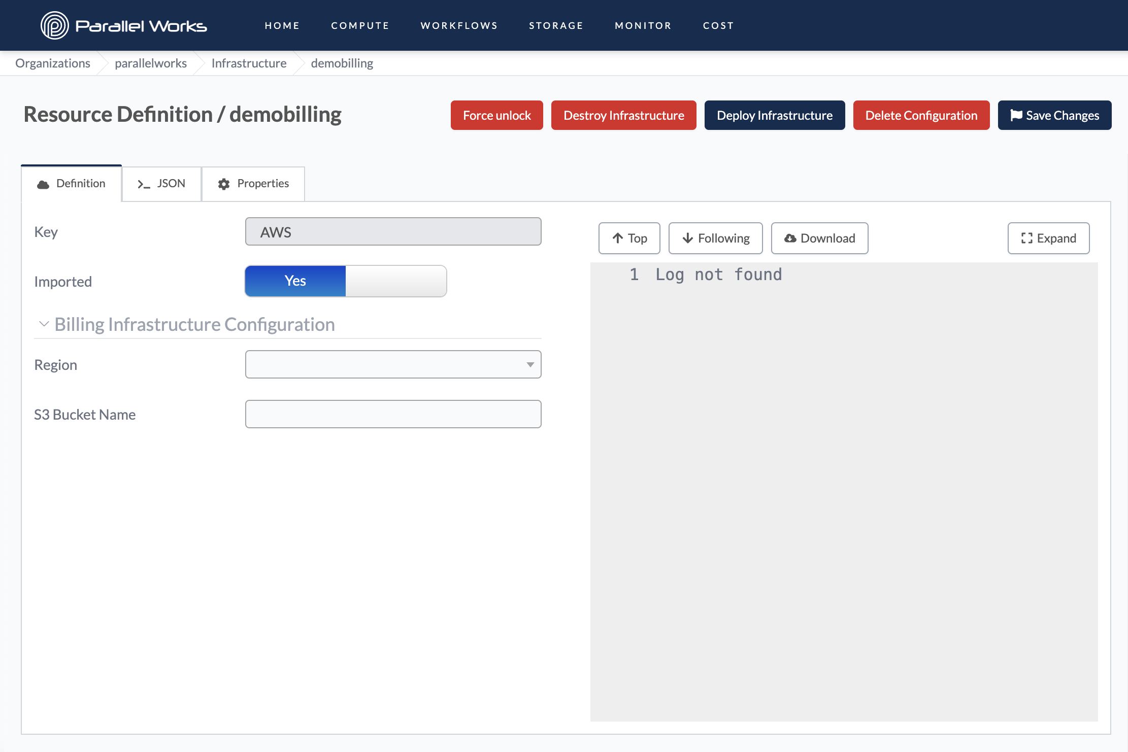 Screenshot of an imported AWS Billing Infrastructure configuration form.