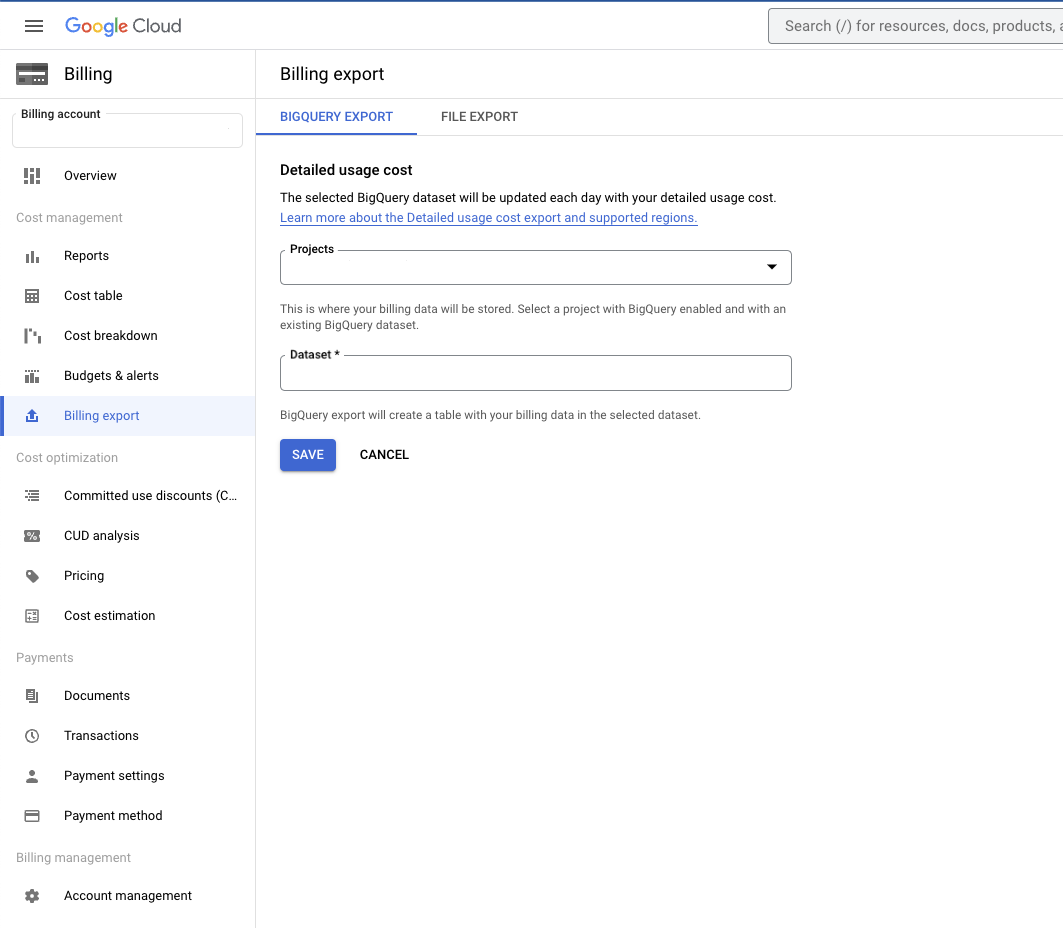 Screenshot of the Google Cloud Console page for Billing Export.