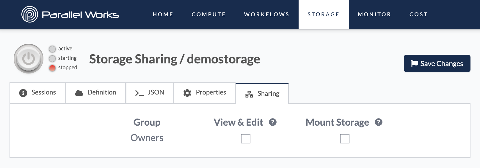 Screenshot of the Sharing tab in a storage resource&#39;s configuration settings