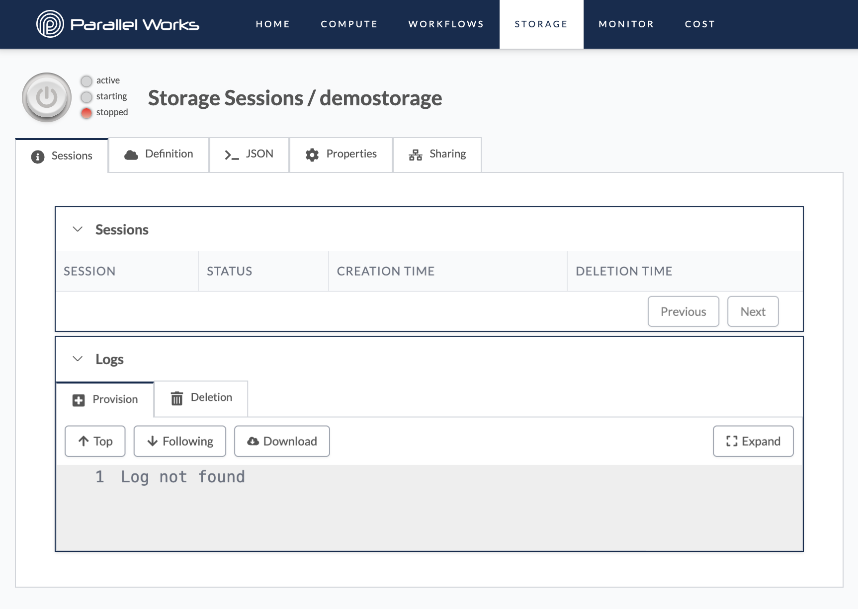 Screenshot of the Sessions tab in a storage option&#39;s configuration settings.