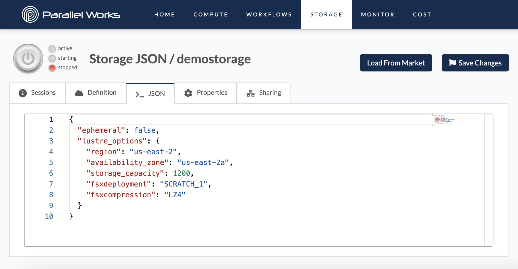 Screenshot of the JSON tab in a storage resource&#39;s configuration settings