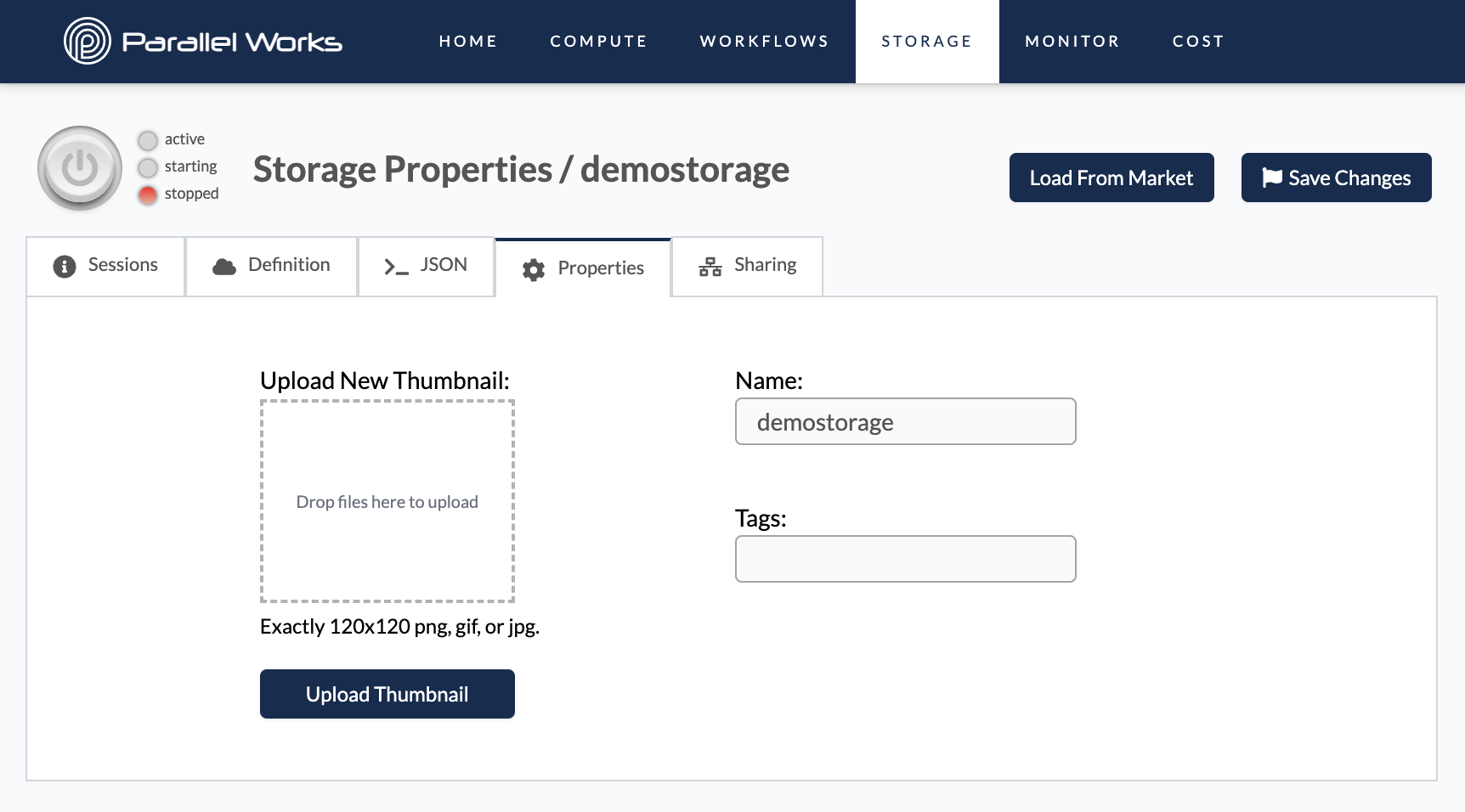 Screenshot of the Properties tab in a storage resource&#39;s configuration settings