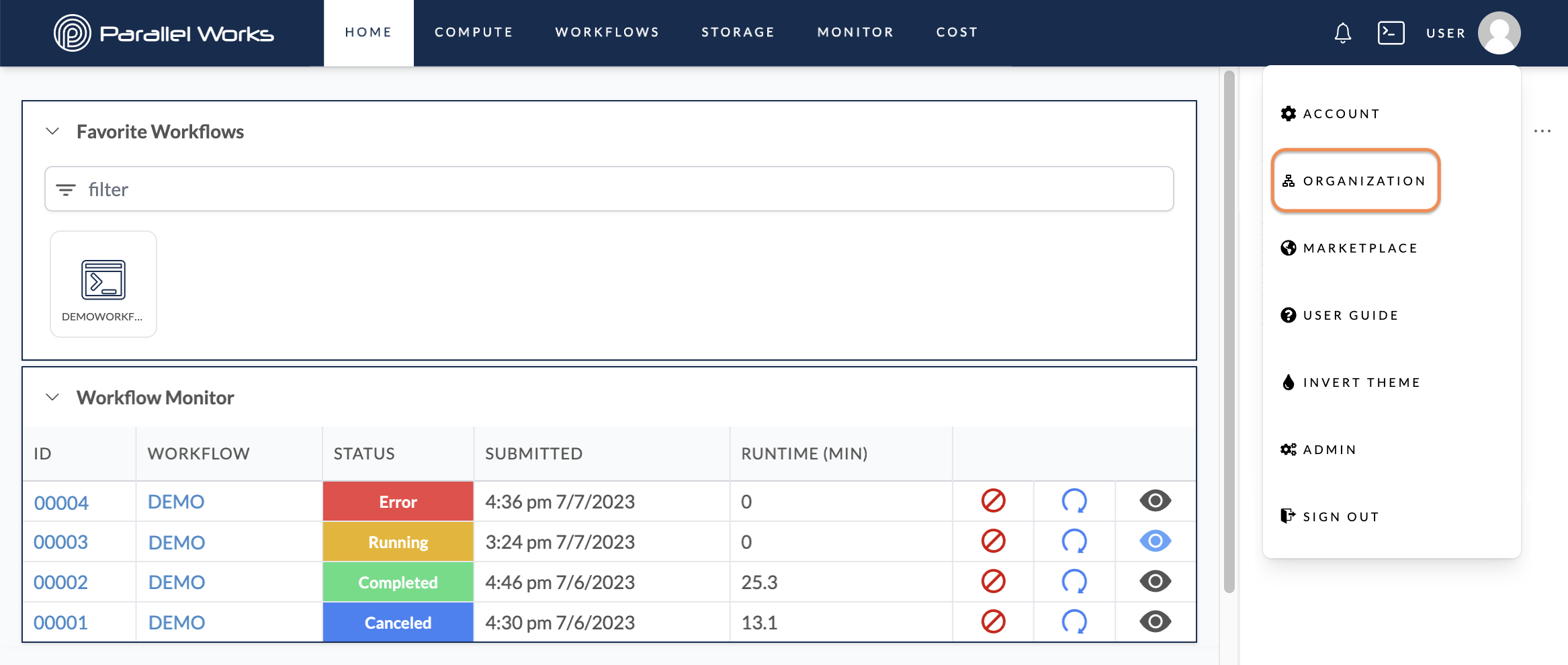 Screenshot of the user selecting Organization from the User dropdown menu.