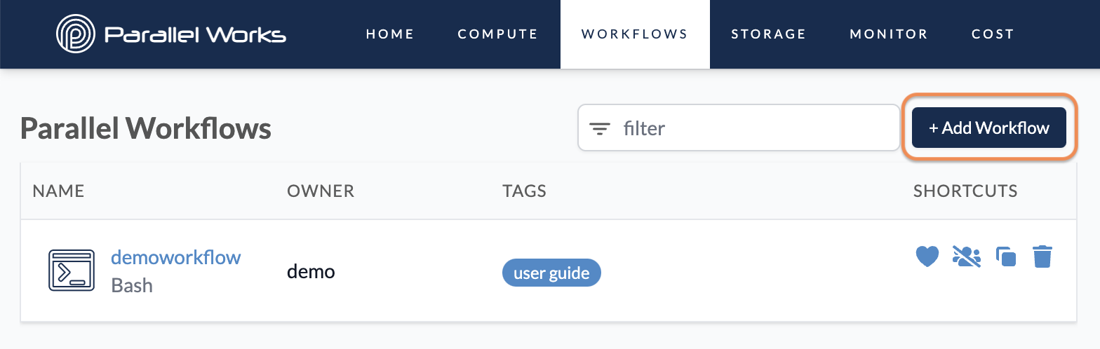 Screenshot of the user clicking the Add Workflow button.