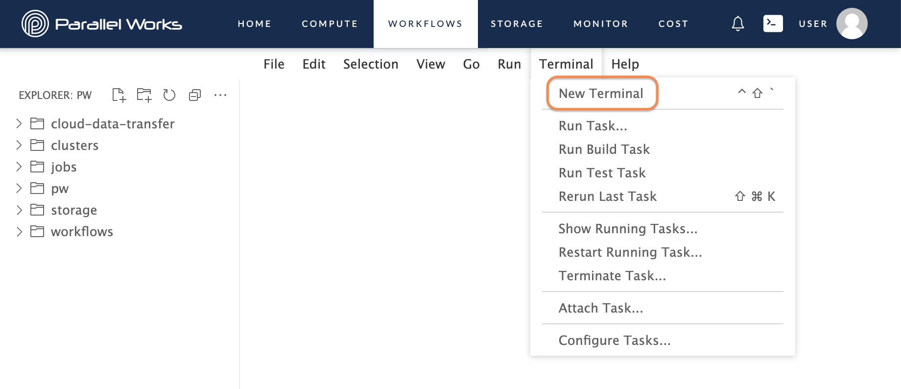 Screenshot of the user clicking New Terminal in the Terminal dropdown menu.