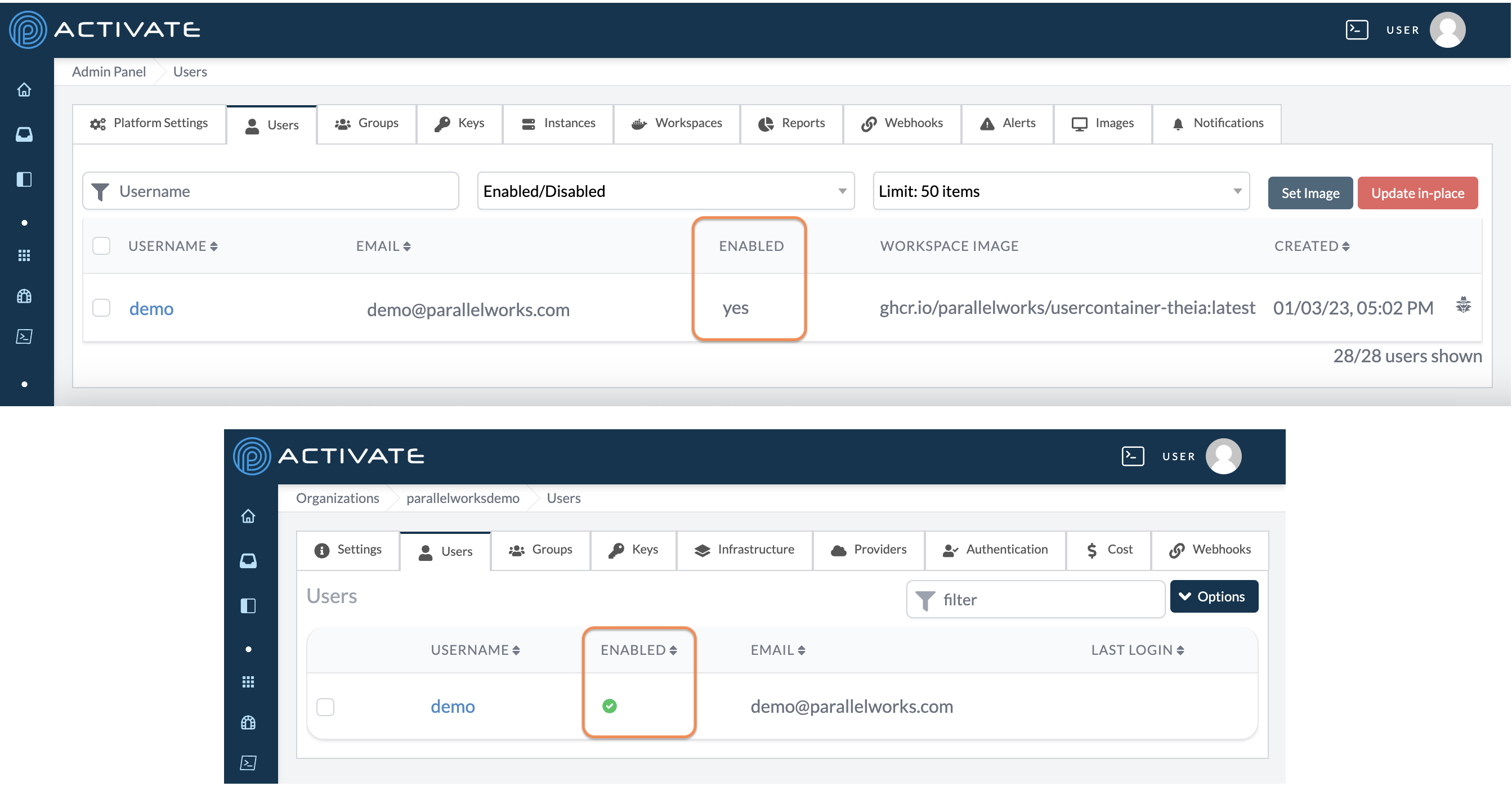Screenshot of Enabled users on Org and Admin pages.