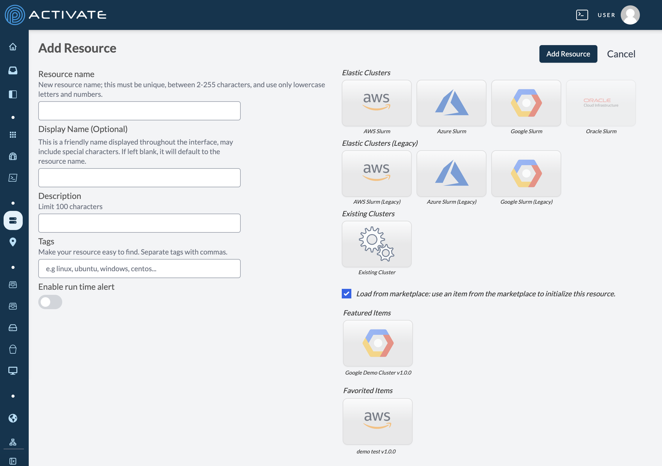 Screenshot of Marketplace items on the cluster config page.