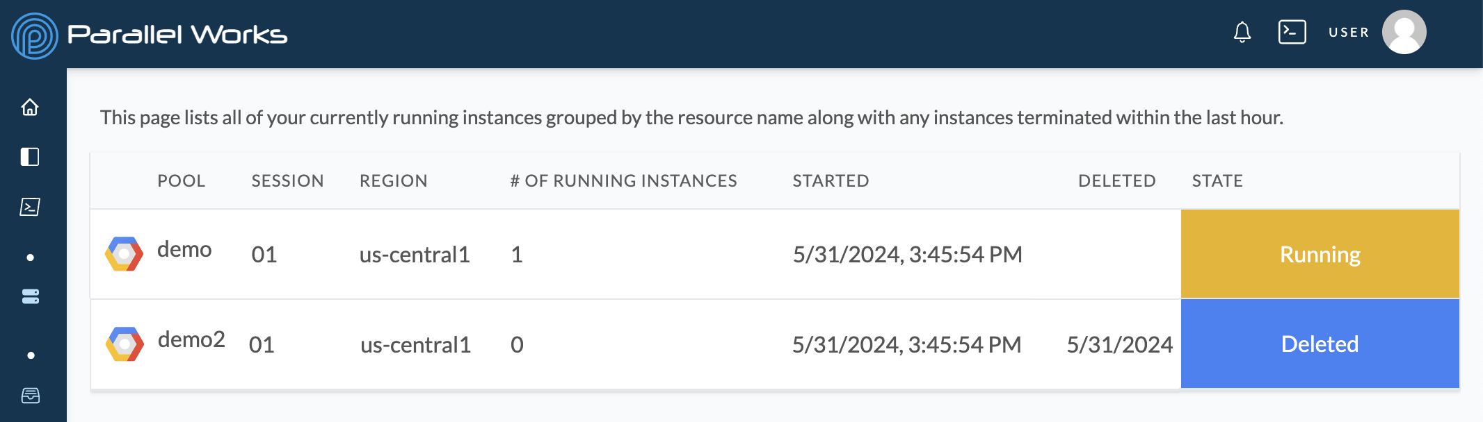 Screenshot of a running and a deleted cluster on the Instances page.