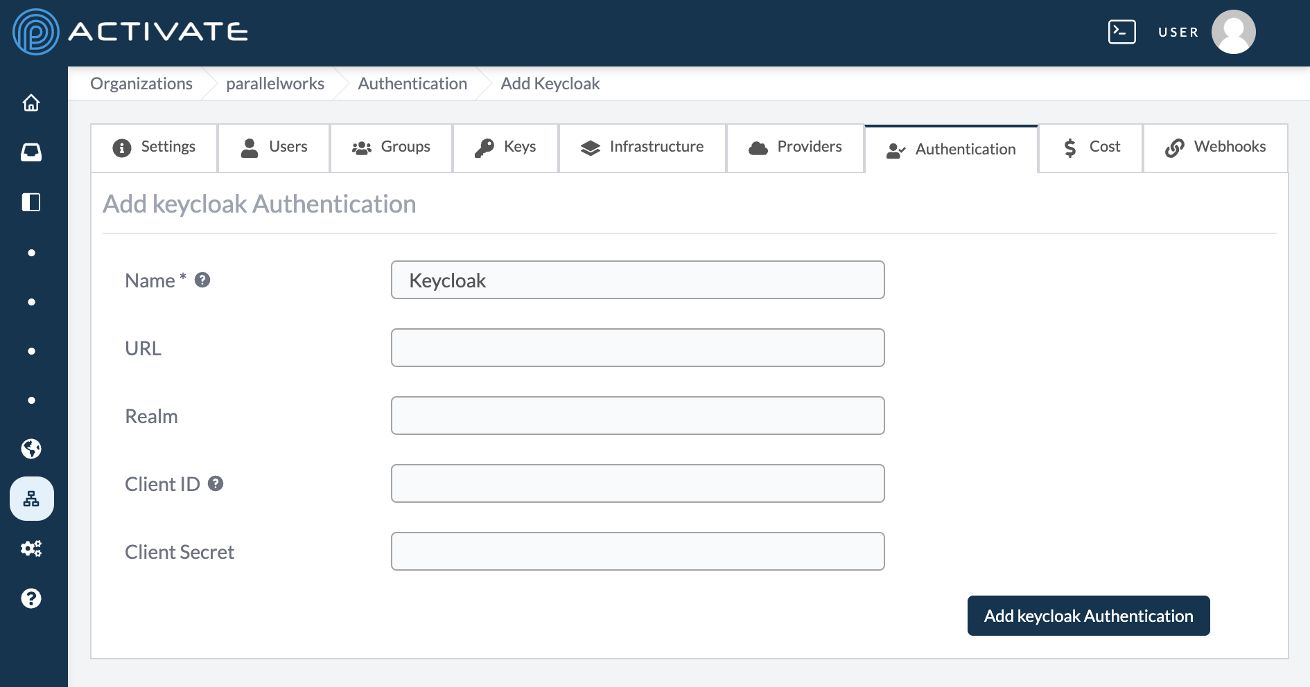 Screenshot of the blank Keycloak configuration form.