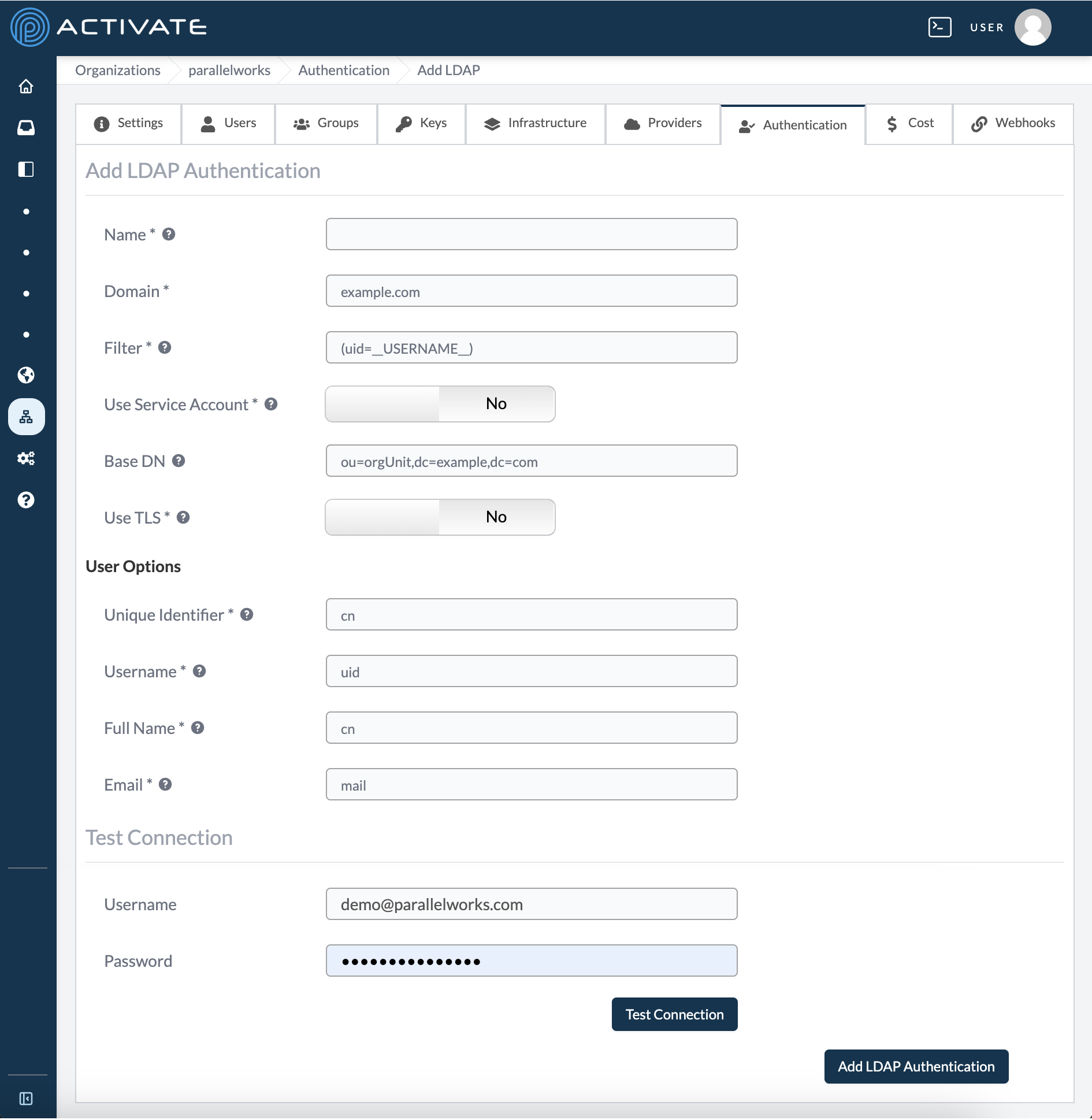 Screenshot of the blank LDAP configuration form.