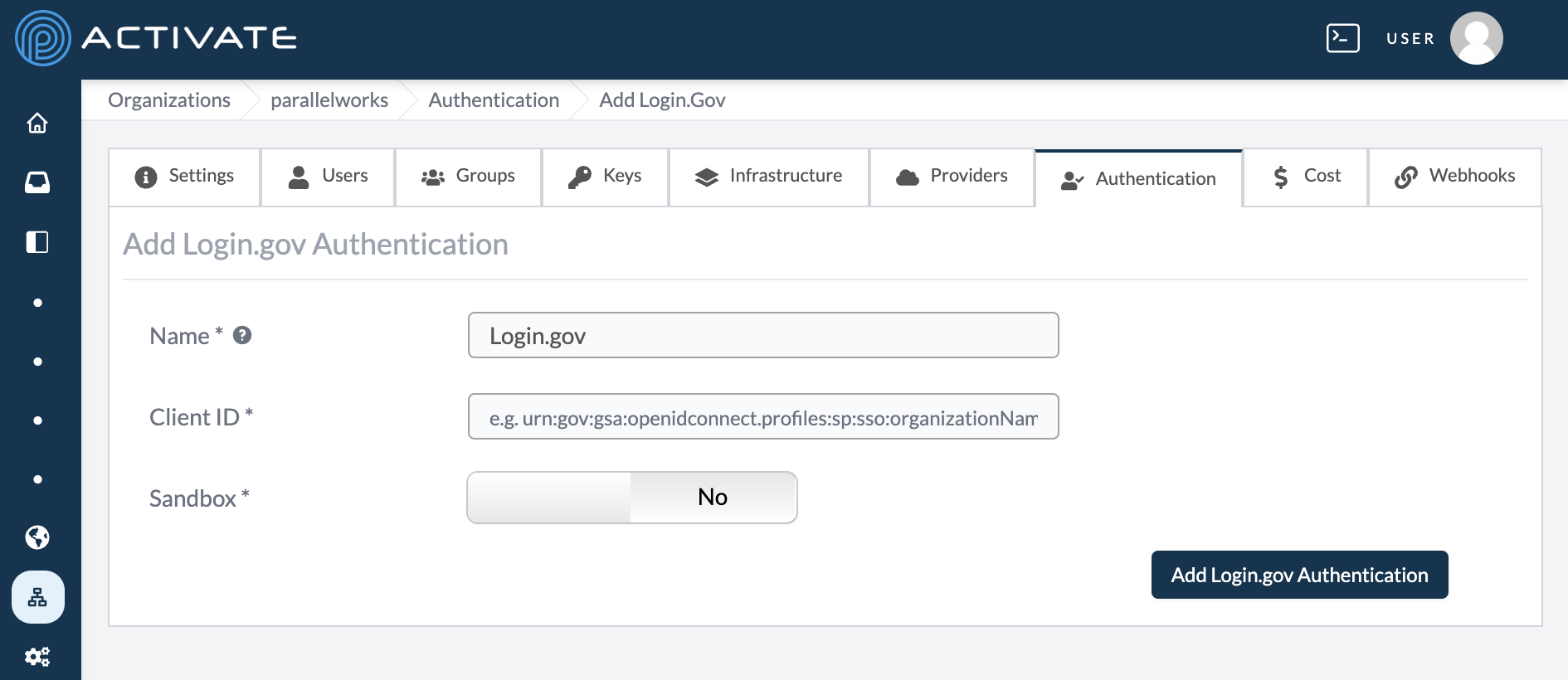 Screenshot of the blank Login.gov configuration form.