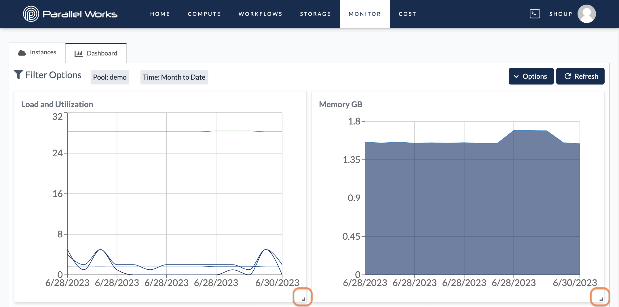 Screenshot of the monitoring Dashboard with the resizing brackets circled because they are cute and tiny.