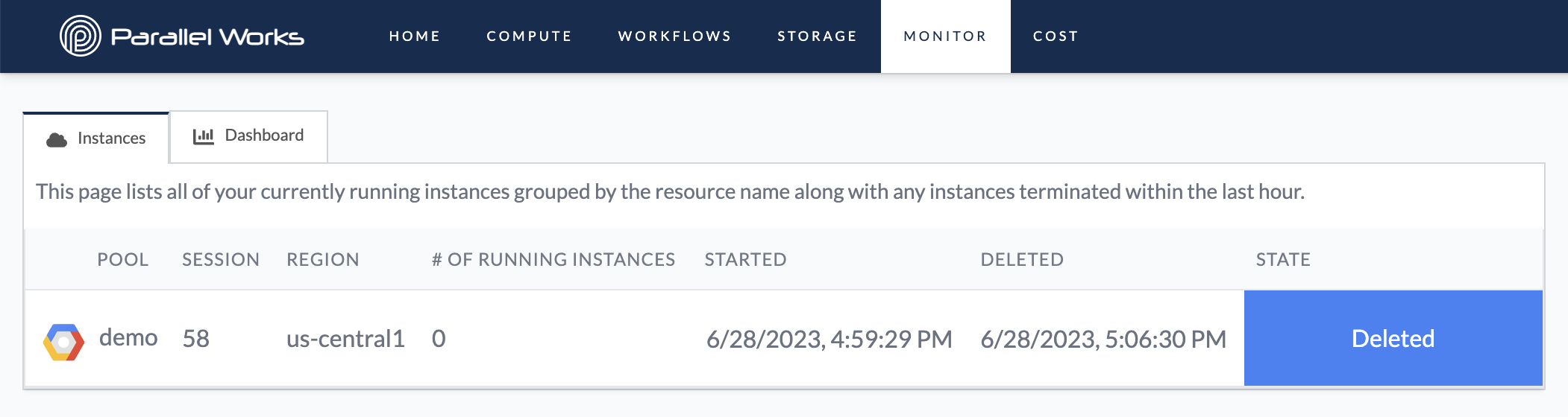 Screenshot of a deleted cluster in the Instances tab on the Monitor page.