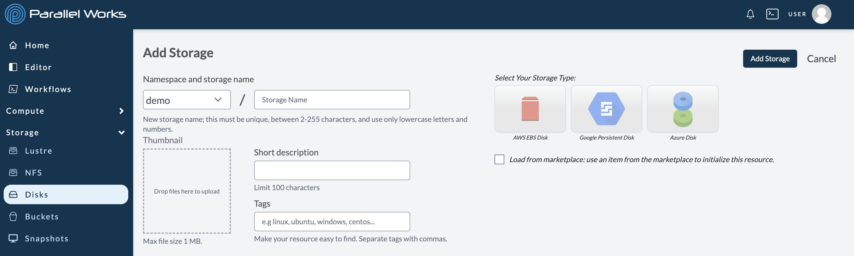 Screenshot of new Disks page.