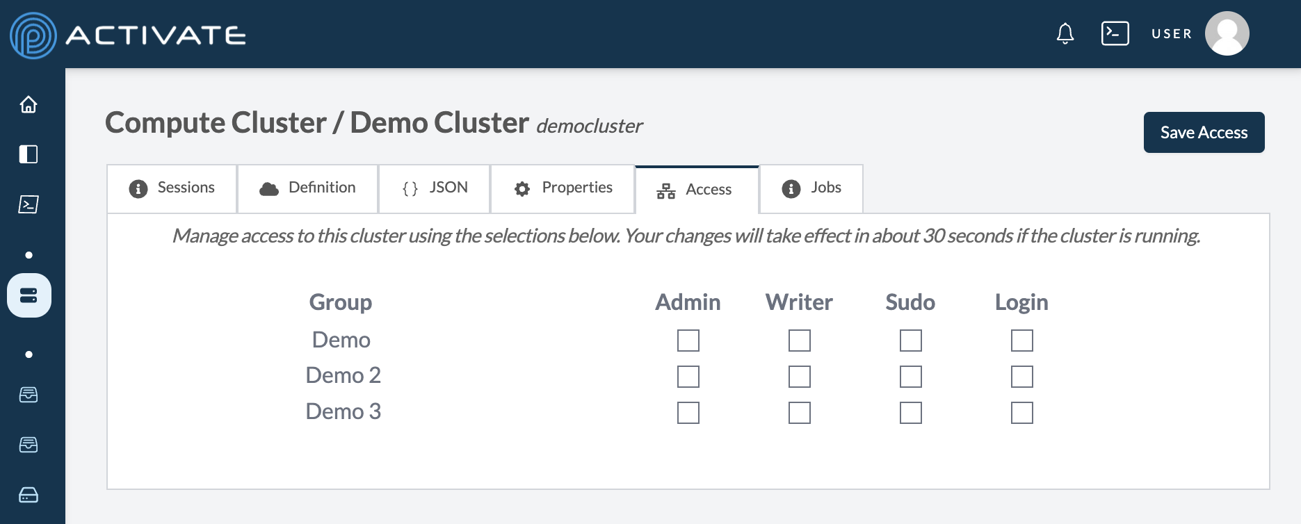 Screenshot of a cluster&#39;s Access tab.