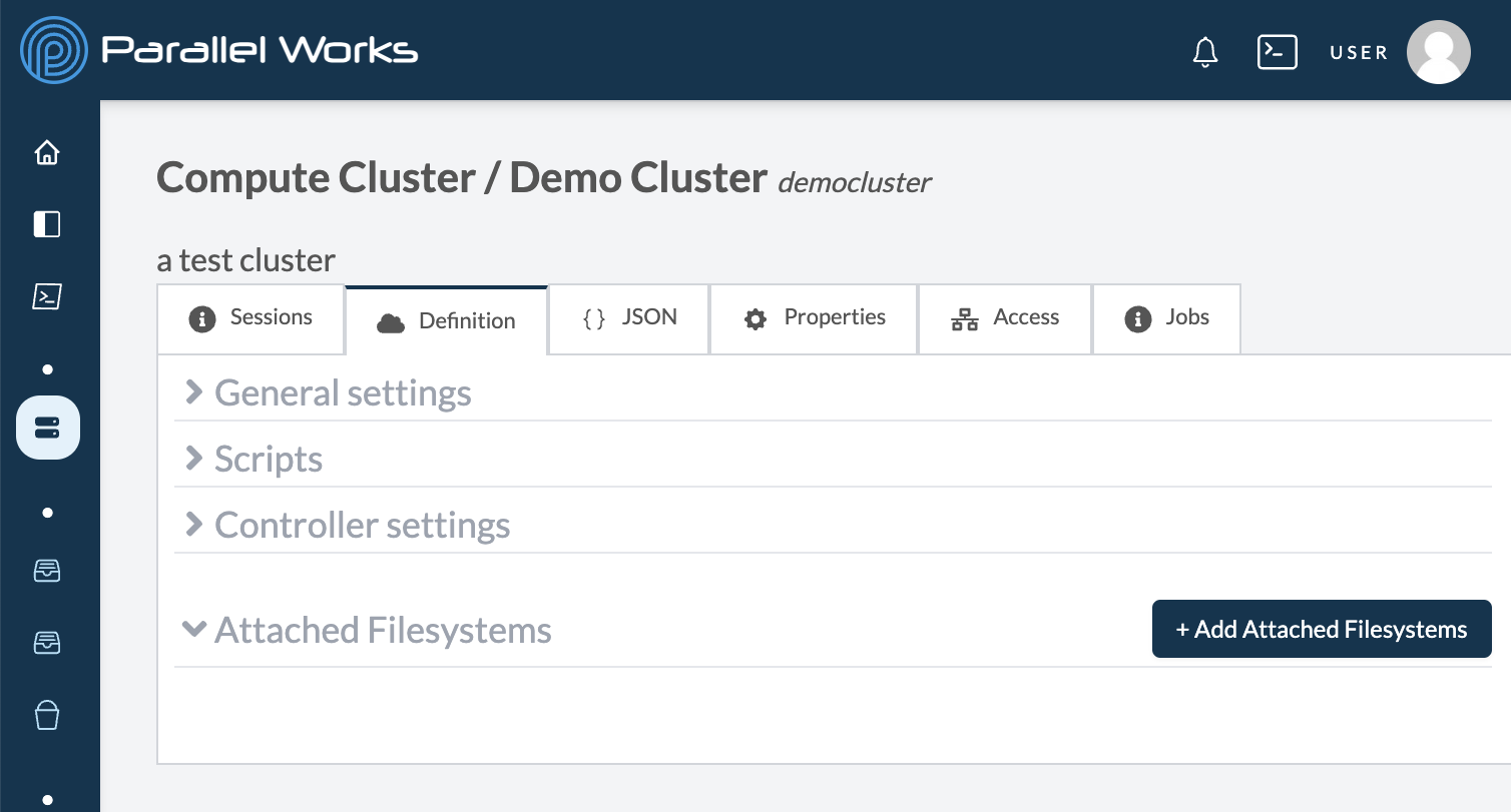 Screenshot of a cluster&#39;s Attached Filesystems settings.