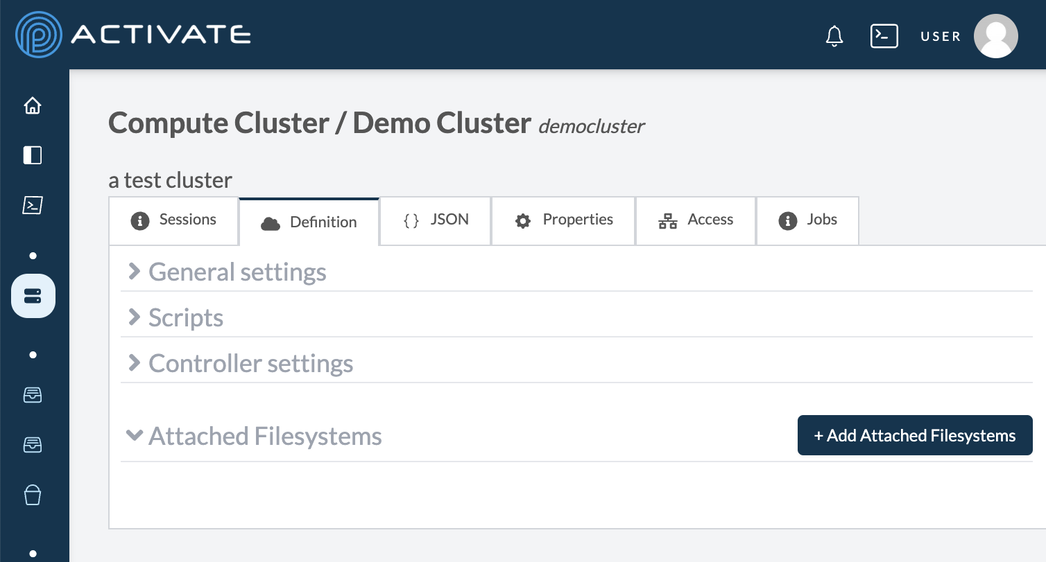 Screenshot of a cluster&#39;s Attached Filesystems settings.