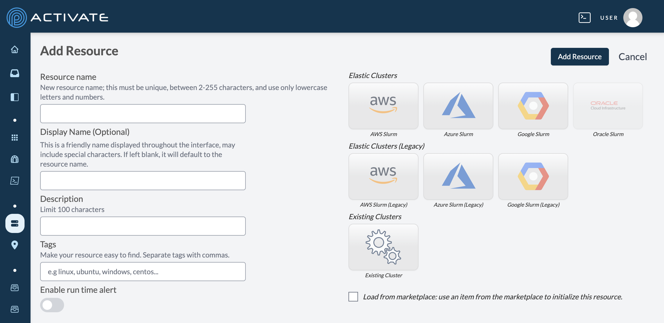 Screenshot of the Clusters page immediately after selecting the + Add Resource button.