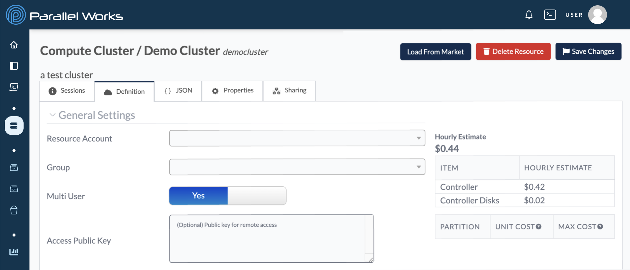 Screenshot of a cluster&#39;s general configuration settings in the Definition tab.