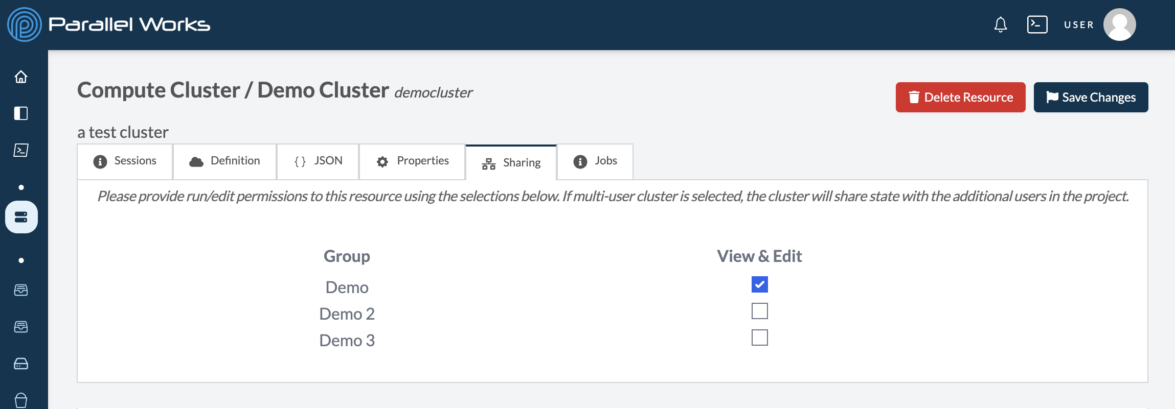 Screenshot of a cluster&#39;s Sharing tab.