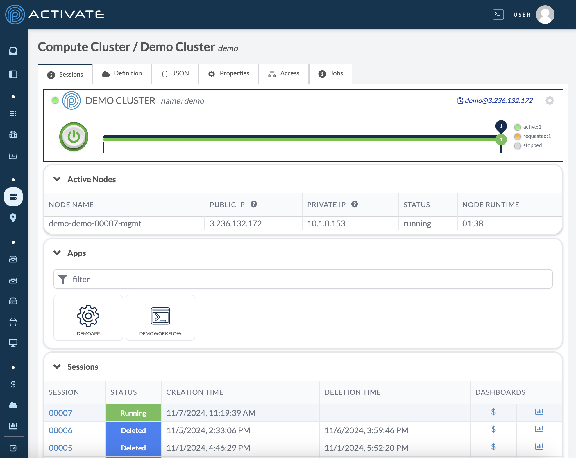 Screenshot of a cluster running with the Apps module.