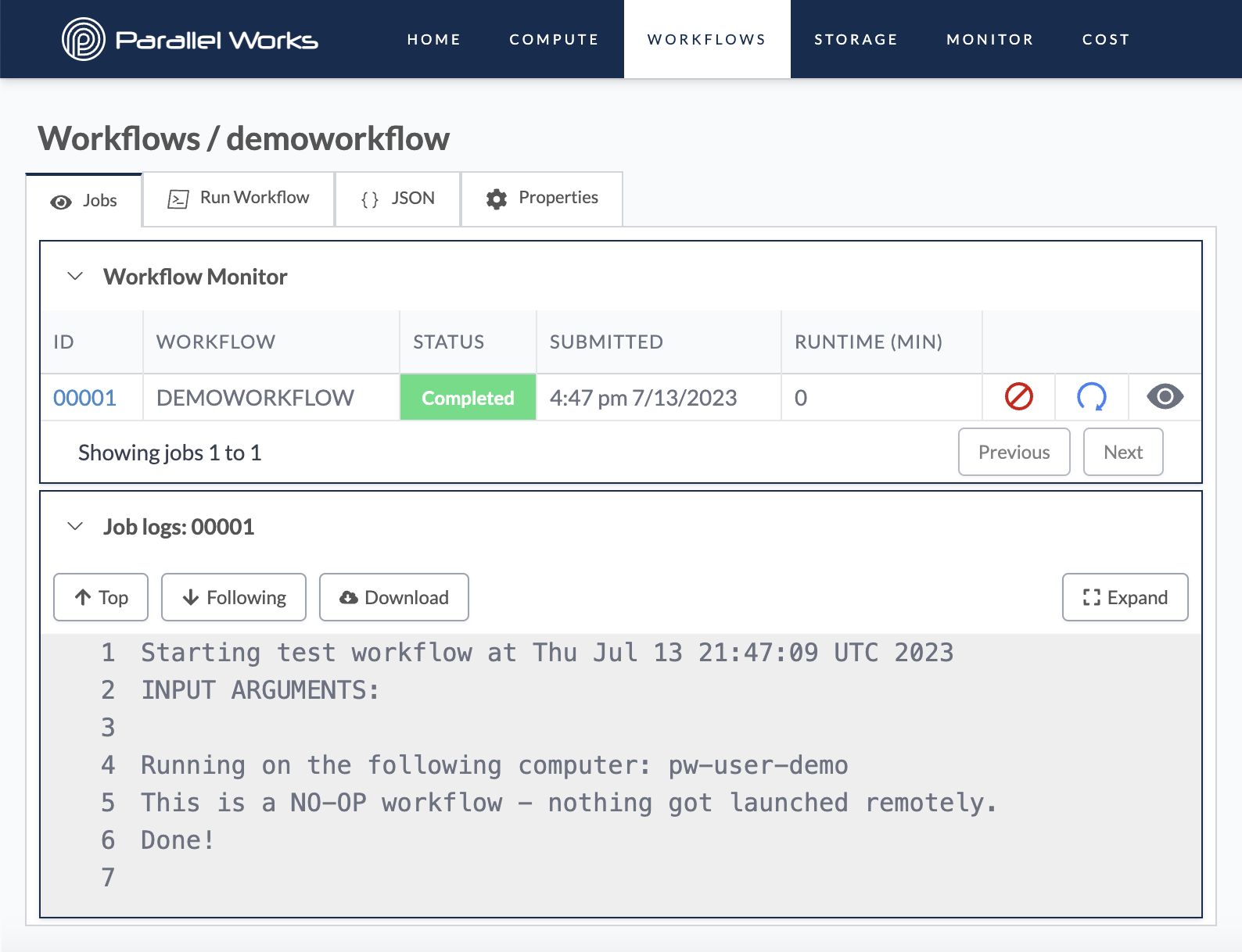 Screenshot of a workflow&#39;s Jobs page after clicking the Execute button.