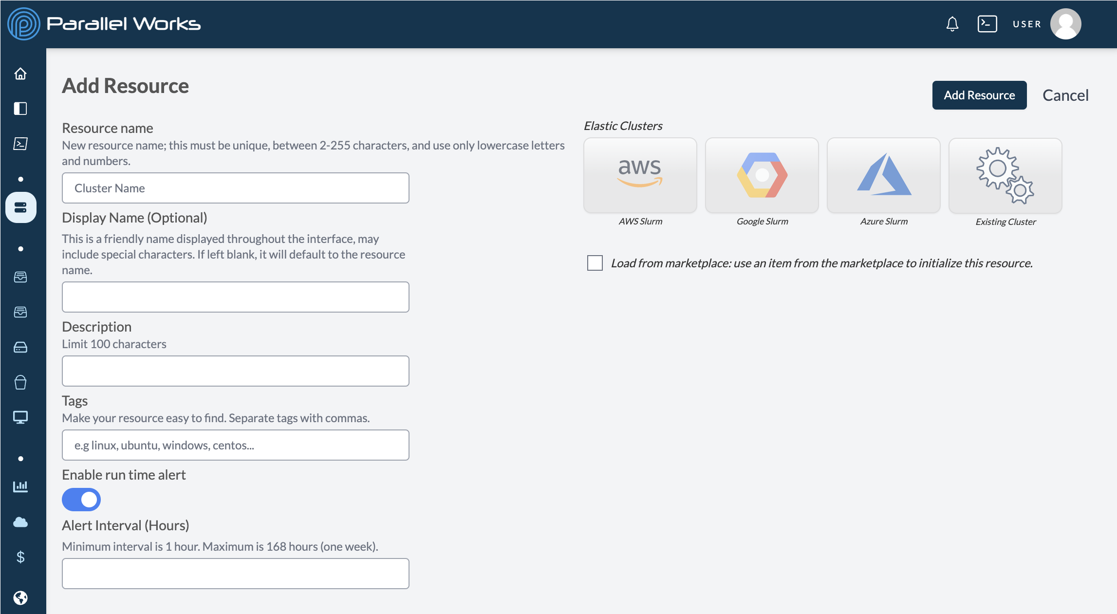 Screenshot of the Clusters page immediately after clicking the toggle button for Enable real time alert.