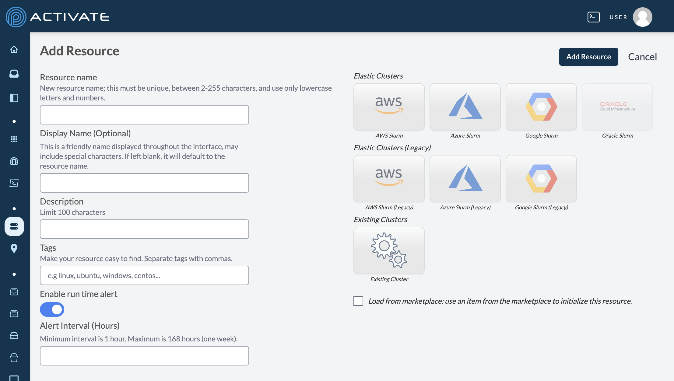 Screenshot of the Clusters page immediately after clicking the toggle button for Enable real time alert.