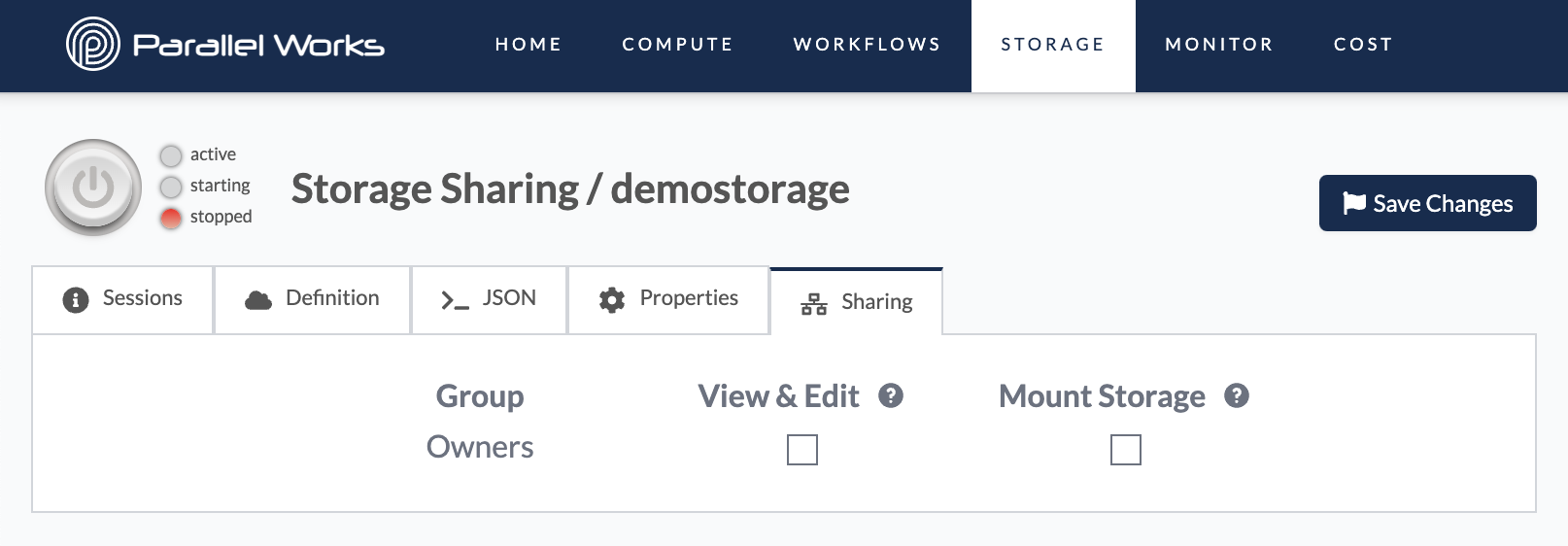 An overview of the storage resource&#39;s sharing tab.