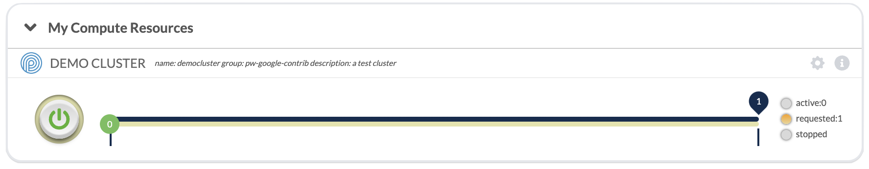 Screenshot of cluster starting up. The power button flashes green and the requested bubble on the right is yellow.