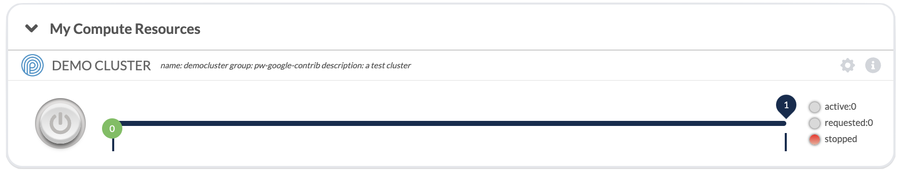 Screenshot of inactive cluster in Computing Resources module. The power button is grayed out and the stopped bubble on the right is red.