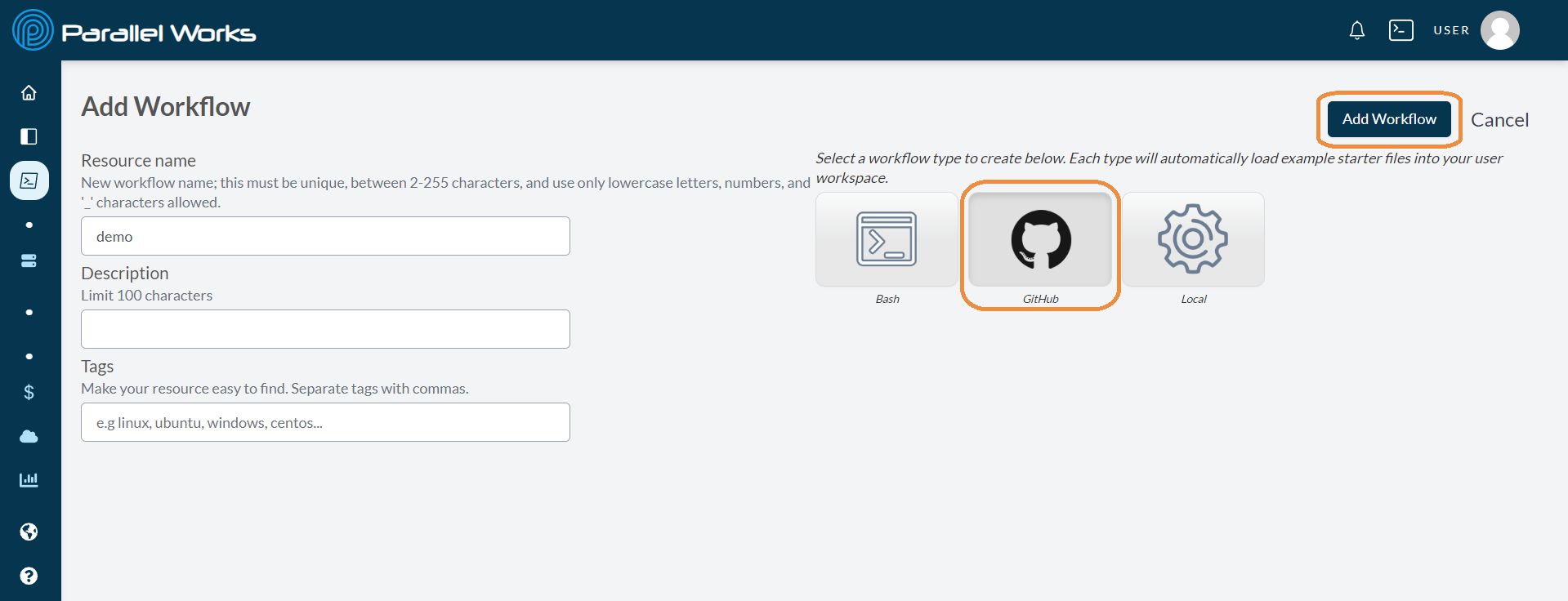 Screenshot of the user selecting a GitHub workflow and clicking Add Workflow.