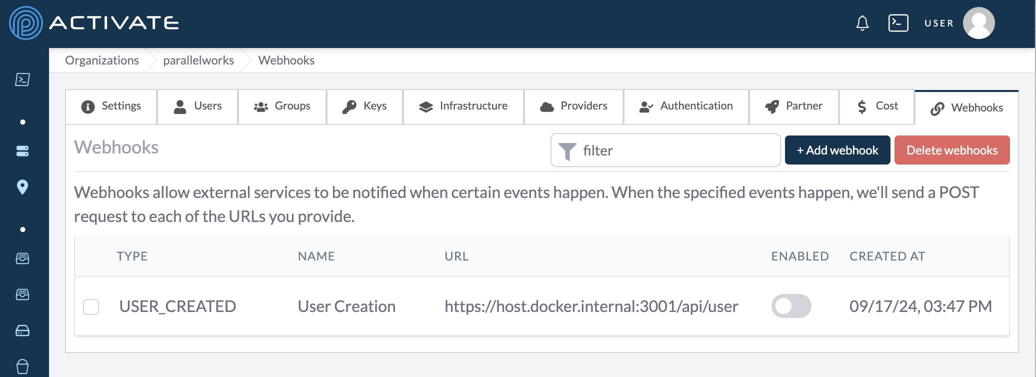 Screenshot of the user clicking the Create Webhook button.