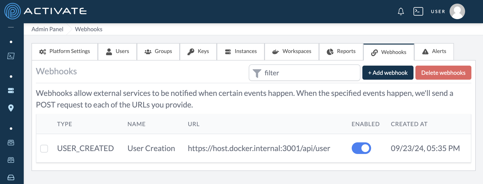 Screenshot of the user clicking the Create Webhook button.