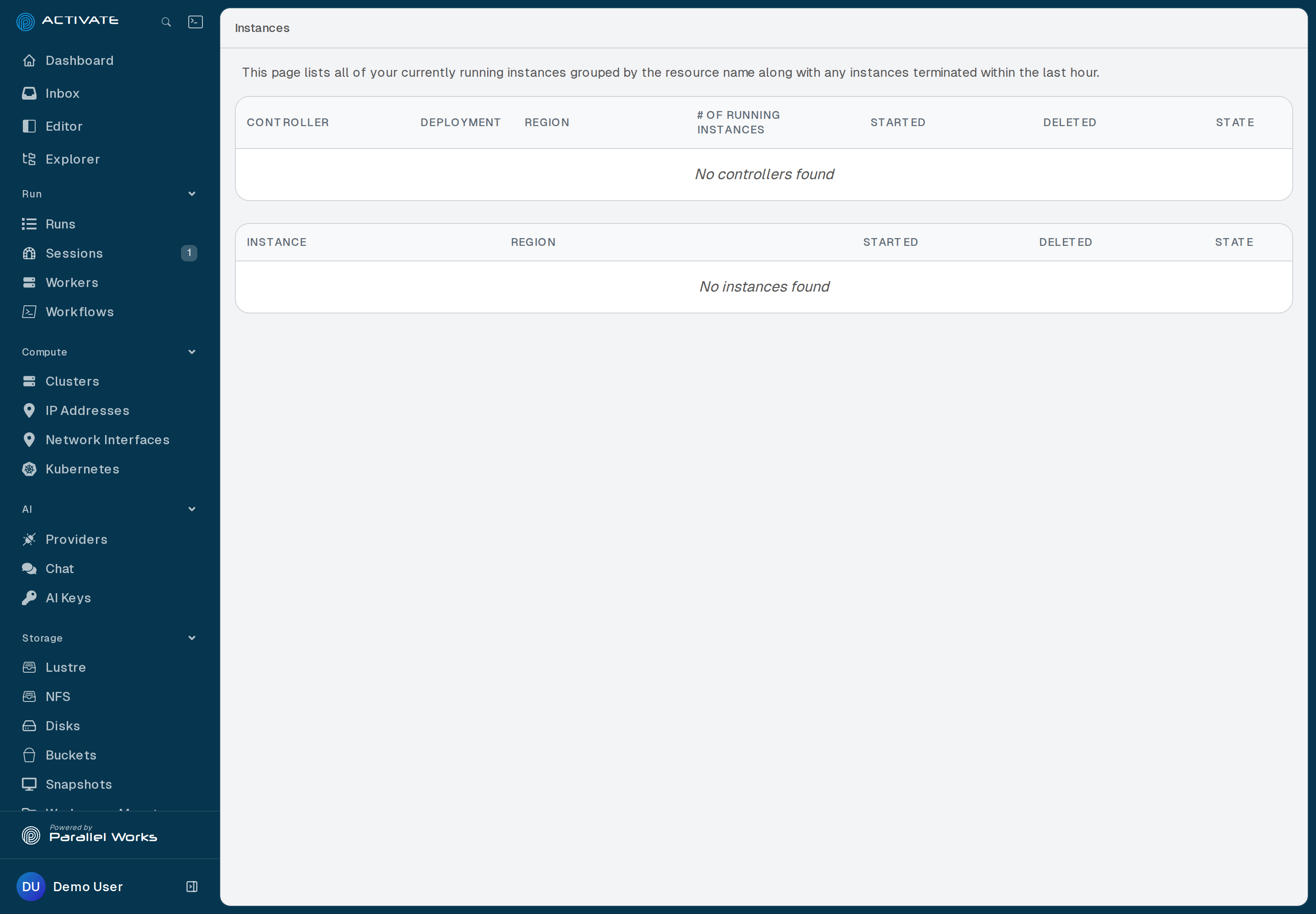 Screenshot of a blank Instances page on the Monitor page.