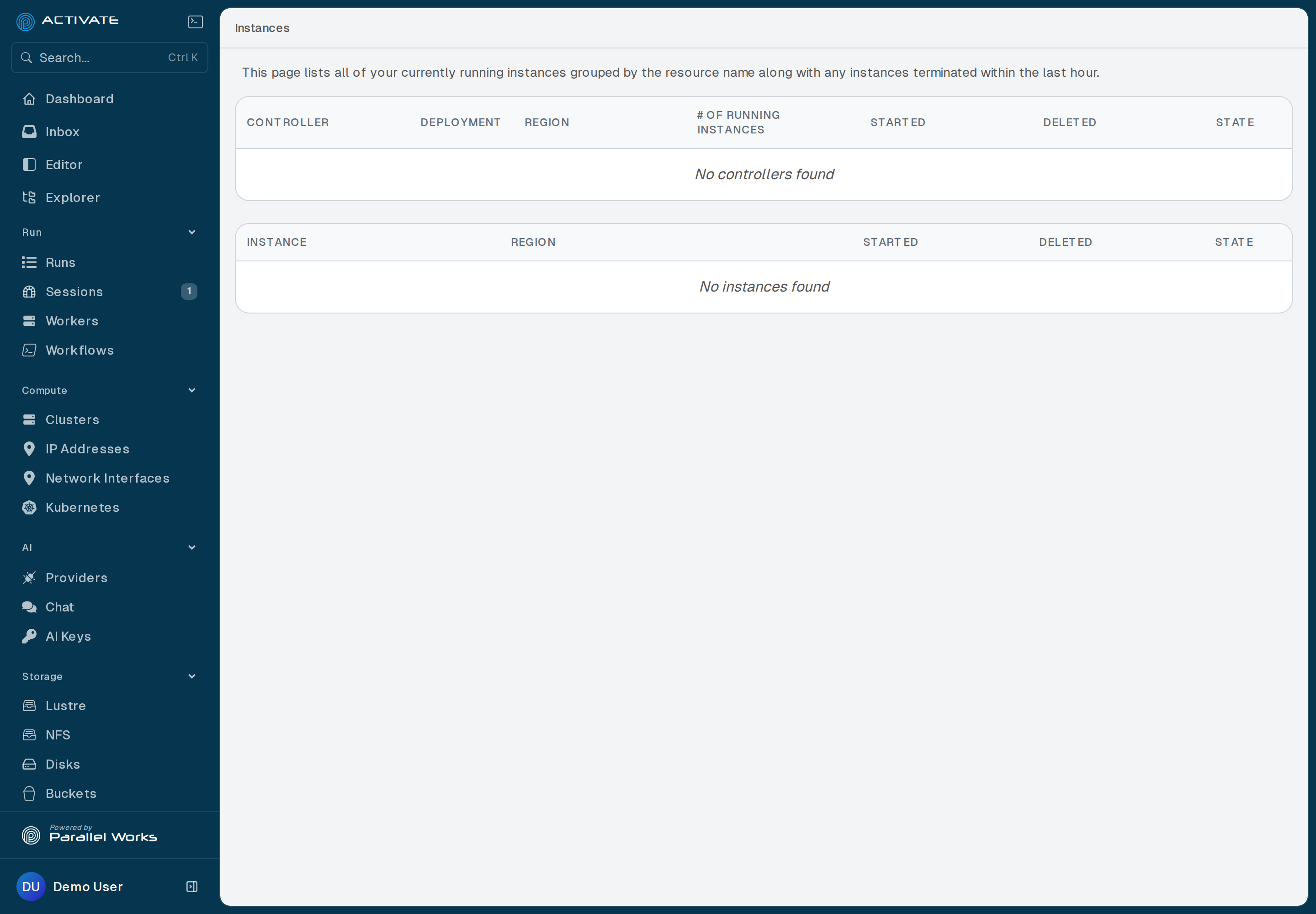 Screenshot of a blank Instances page on the Monitor page.