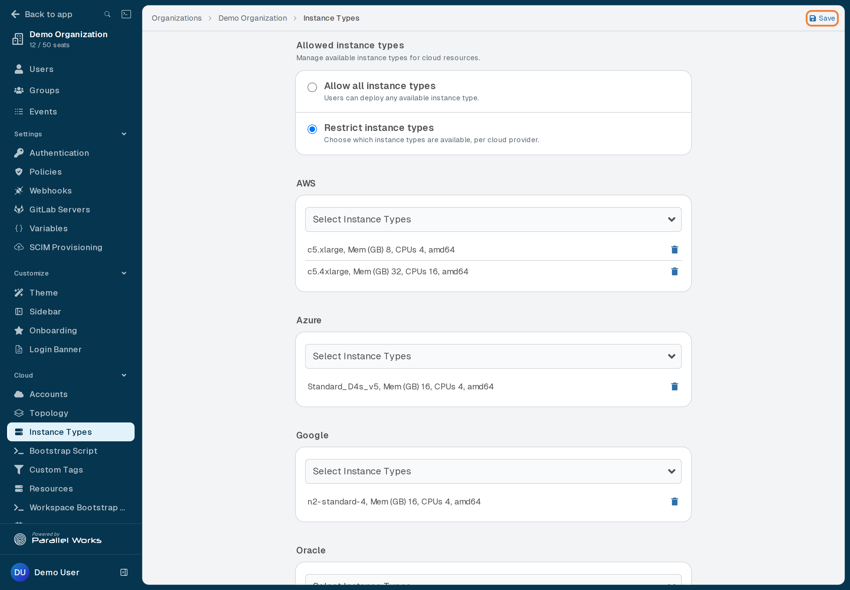Screenshot of the allowed instance types for each cloud provider and the Save button.