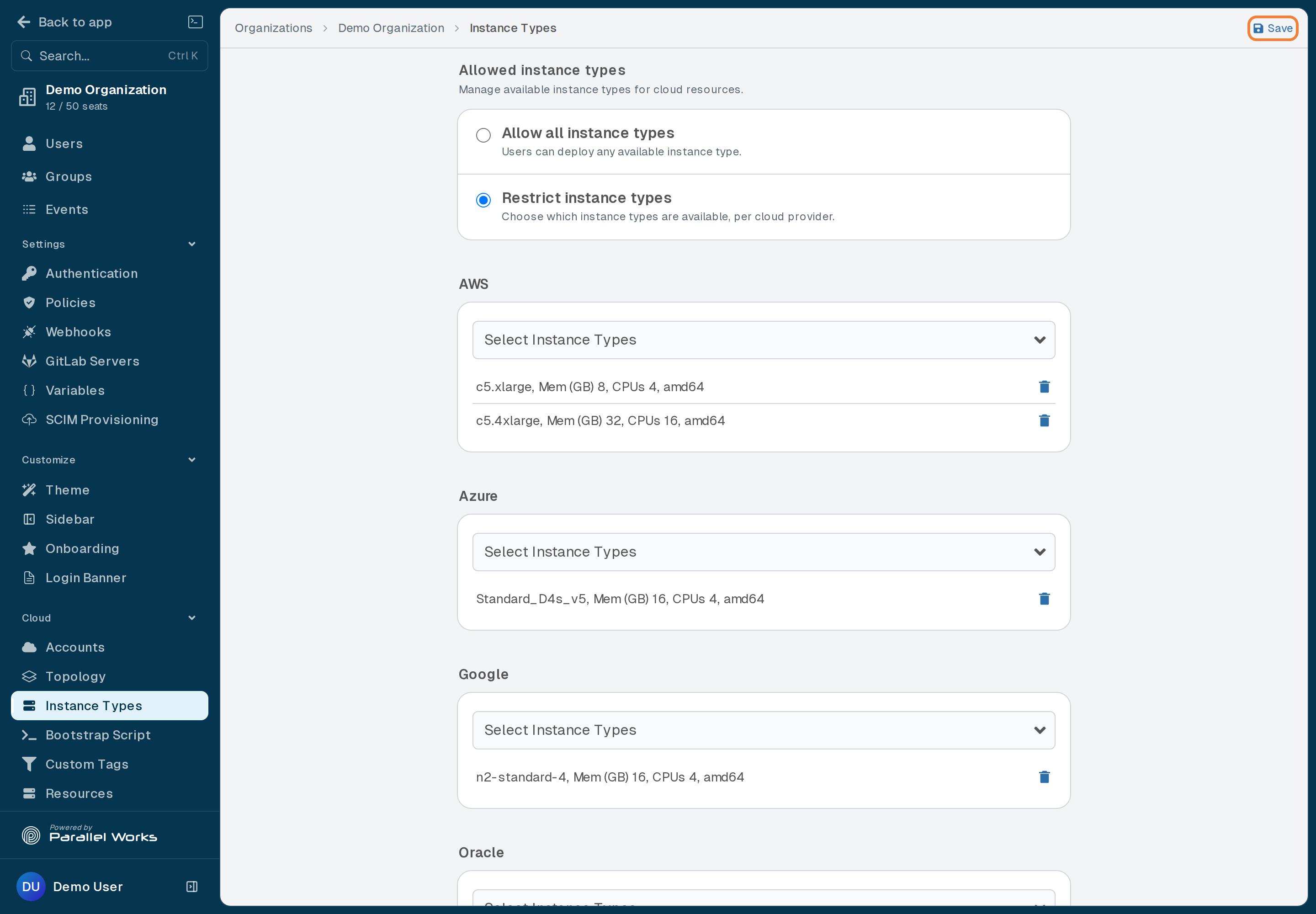 Screenshot of the allowed instance types for each cloud provider and the Save button.
