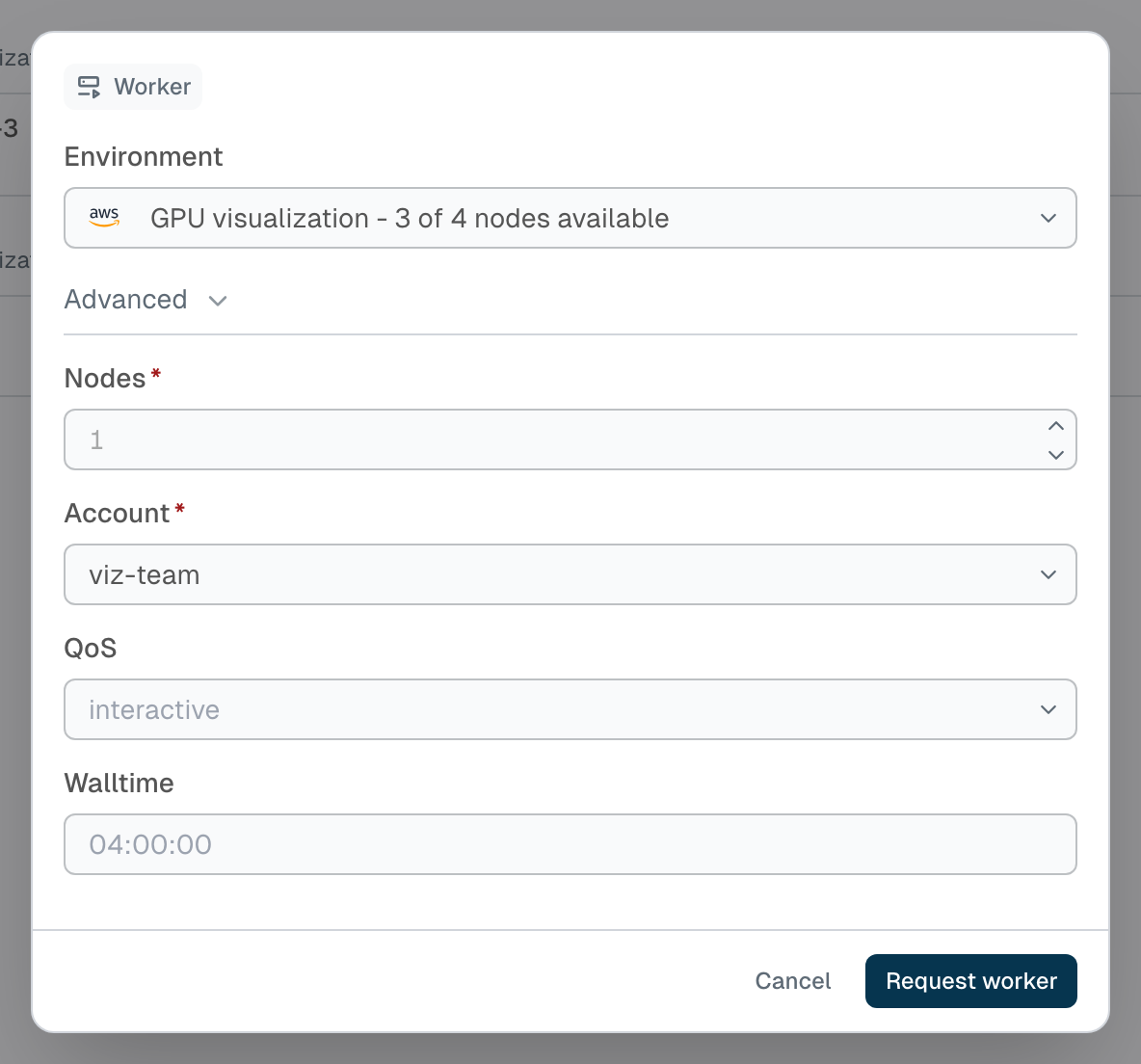 Screenshot of the Request worker dialog with an environment selected and Advanced scheduling fields expanded.