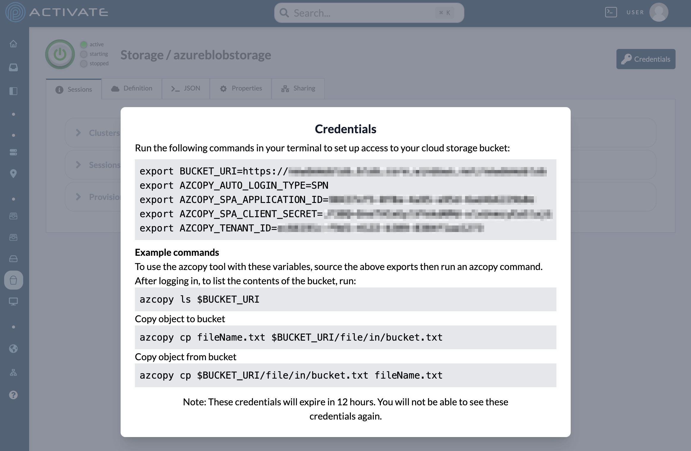 Screenshot of Azure bucket credentials.